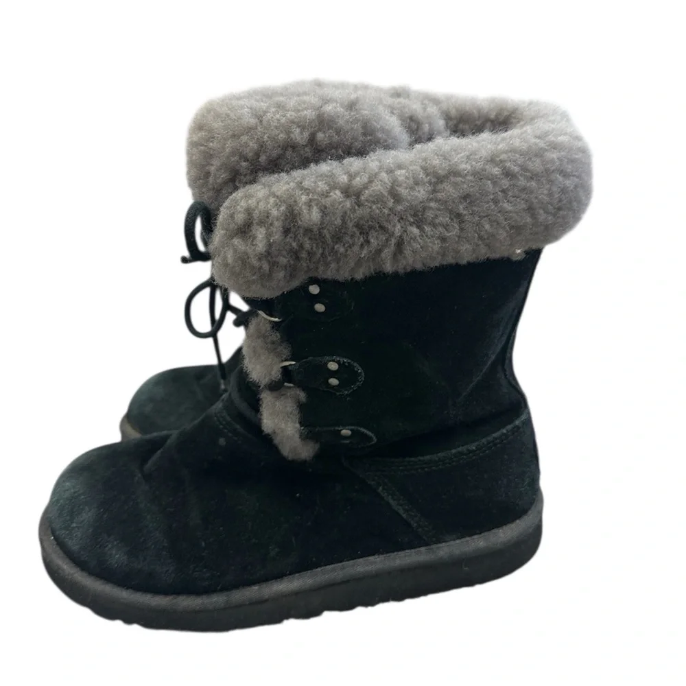 UGG‎ Montclair 1892 Boot Black Suede Gray Shearling Fur Cuff Girls Size 4